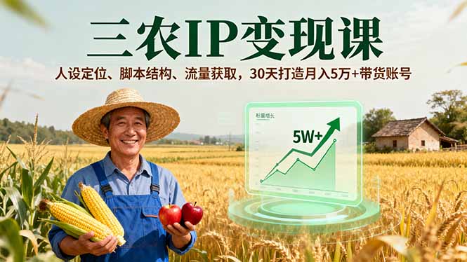 三农IP变现课，人设定位、脚本结构、流量获取，30天打造月入5万+带货账号-平安喜乐